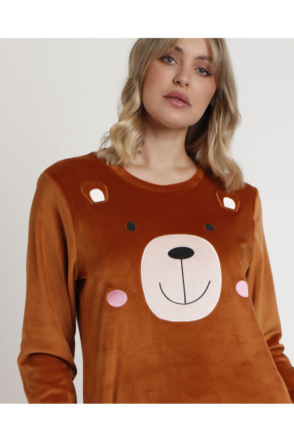 Pijama Manga Larga Velvet Bear Family Mujer MARRON