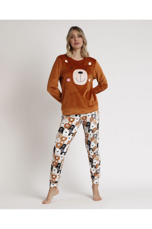 Pijama Manga Larga Velvet Bear Family Mujer MARRON