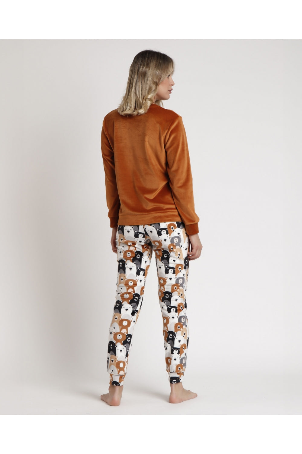 Pijama Manga Larga Velvet Bear Family Mujer MARRON