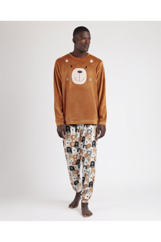 Pijama Manga Larga Velvet Bear Family Hombre MARRON