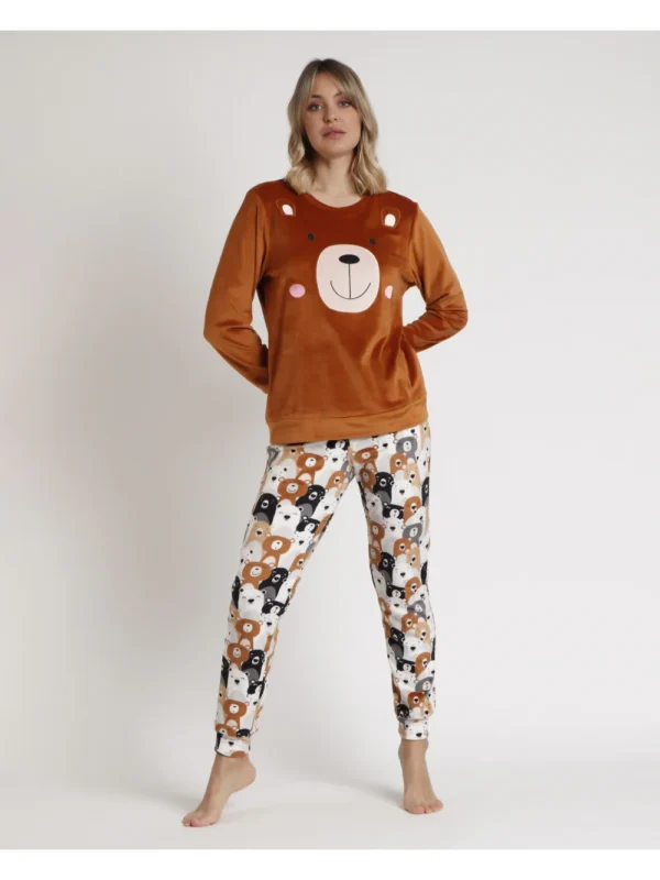 Pijama Manga Larga Velvet Bear Family Mujer MARRON