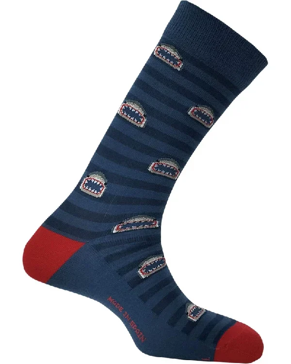 Calcetín tiburones fondo azul rayado para hombre