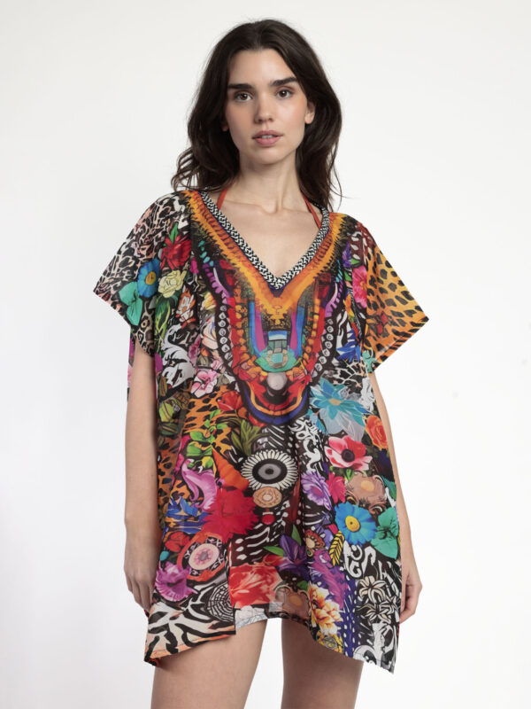Vestido Kaftan Manga Corta Tropical