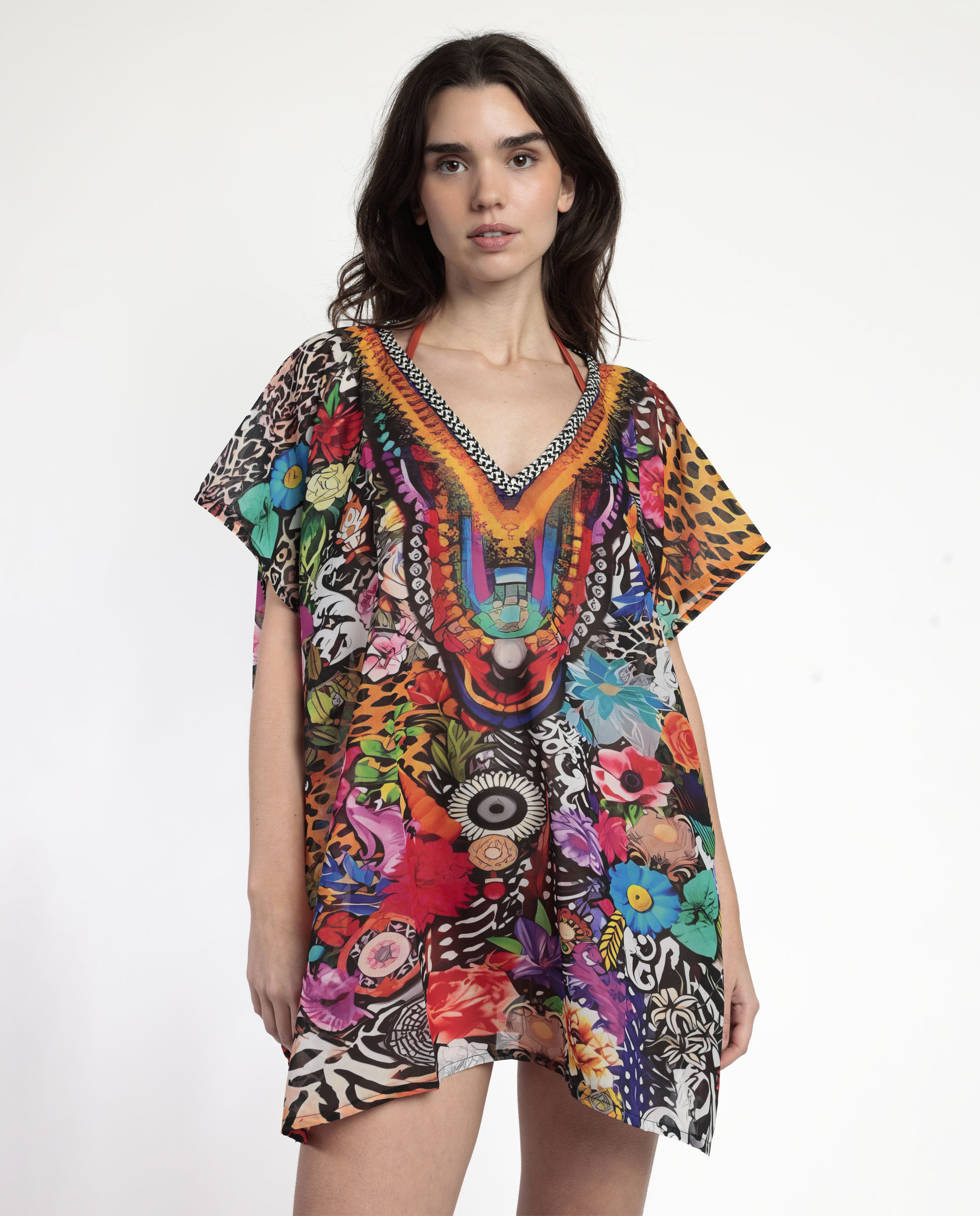 Vestido Kaftan Manga Corta Tropical